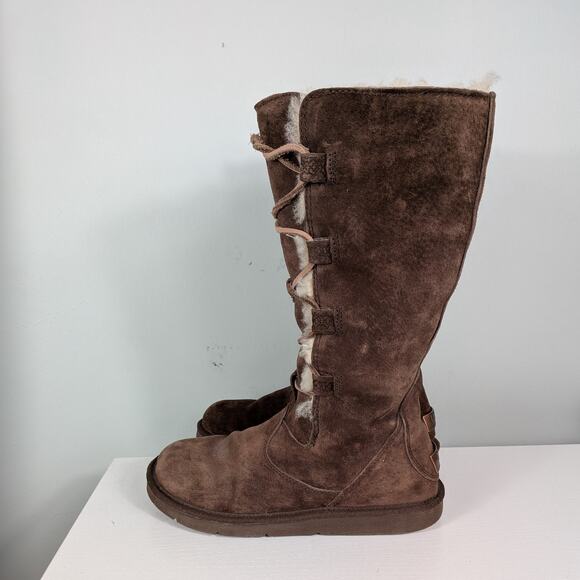 Ugg Tall Lace Up Boots 8 Brown Suede Whitley  Boho Shearling Fur Knee Sheep Ski - Picture 5 of 13